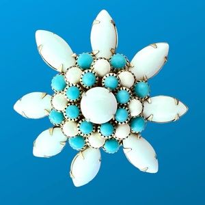 Vintage Milk Glass & Blue Glass Star Floral Layered Dome Brooch Silver Tone
